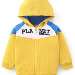 Babyhug Cotton Fleece Knit Full Raglan Sleeves Front Open Hooded Sweatjacket with Cut & Sew Design & Text Embroidery - Yellow-image-69