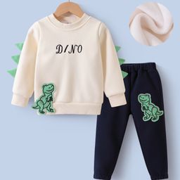 Kookie Kids Full Sleeves Winter Wear T-Shirt & Lounge Pant Set with Dino Applique - Off White & Navy Blue-image-54