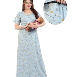 Fabme Pure Cotton Half Sleeves Typography Printed Night Dress With Concealed Zipper Nursing Access - Sea Green-image-49