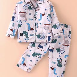 Enfance Core Cotton Woven Full Sleeves Animals Printed Coordinating Night Suit Set - Pink-image-97