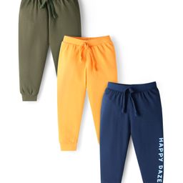 Babyhug Single Jersey Knit Full Length Lounge Pants with Text Print Pack of 3 - Navy Blue Olive Green & Lemon-image-86