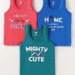 Simply Sinker Knit Sleeveless Vests With Text Print Pack Of 3 - Blue Dark Green-7