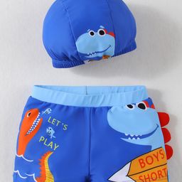 Babyhug Swimming Trunk With Dino Print & Swimming Cap - Blue-picture-24