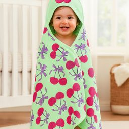 Babyhug Terry Knit Hooded Towel With Cherry Print L 30 x B 30 cm - Light Green-image-4