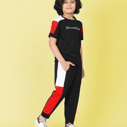 SMART RAHO Cotton Half Sleeves Brand Name Text Printed Colour Blocked Tee With Coordinating Track Pant Set - Red-image-40