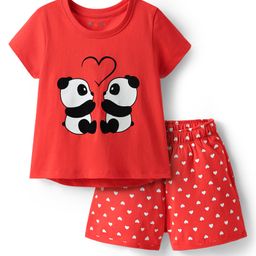 Kookie Kids Knit Half Sleeves Shorts Night Suit With Panda & Heart Print - Red-image-20