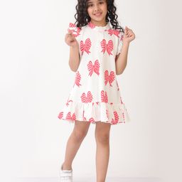 Anthrilo Cotton Flutter Sleeves Bows Printed Dress - Off White-image-59