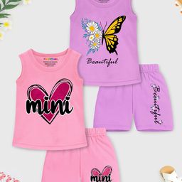 Trampoline Cotton Blend Pack Of 2 Sleeveless Butterfly & Heart Printed Coordinating Tees & Shorts Set - Pink & Purple-picture-11