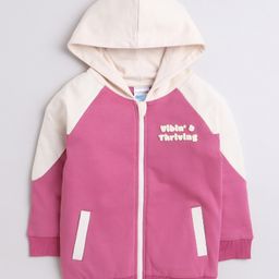 BUMZEE Fleece Full Raglan Sleeves Text Printed Sweat Jacket With Front Zipper & Kangaroo Pockets - Mauve & White-image-70