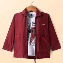 Radutu Full Sleeves Ribbed Jacket With Typography Printed Tee Set - Maroon & White-image-48