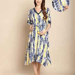 Secret Wish Rayon Woven Half Batwing Sleeves Tie Dye Maternity Kaftan Nighty With Side Seam Nursing Access - Yellow & Blue-image-96