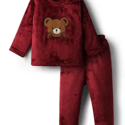 Babyhug Knit Full Sleeves T-Shirt & Lounge Pant Set with Bear Embroidery - Maroon-picture-18