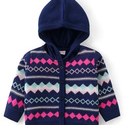 Babyhug Knitted Full Sleeves Front Open Hooded Sweater Set With Aztec Design - Navy Blue image 2