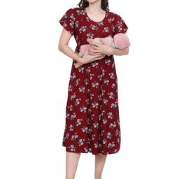 Ms.Lingies Women Floral Printed Round Neck Pure Cotton Maternity Maxi Nightdress-image-77