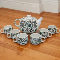 laghima jadon Set Of 7 White & Blue Printed Ceramic Matte Kettle And Cups-picture-5