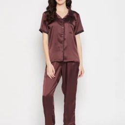Clovia Brown Plain Shirt Pyjamas Set-image-1