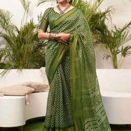 Satrani Green Geometric Print Saree With Unstitched Blouse-image-9