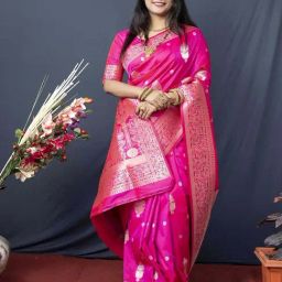 SHUBHKALA Pink & Golden Silk Woven Saree With Unstitched Blouse-image-95