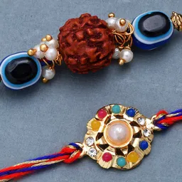 Dare by Voylla Men Set Of 2 Stone Studded & Pearls Beaded Thread Rakhi-image-5