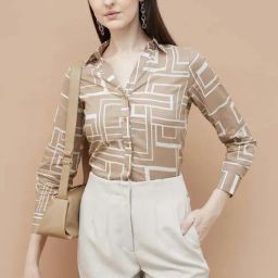 Code By Lifestyle Beige Cotton Regular Fit Printed Shirt-35