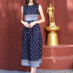 Sera Navy Printed A-Line Dress-image-36