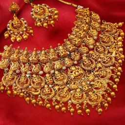 OOMPH Antique Gold Tone Red & Green Stone Laxmi Choker Necklace Set for Women-15