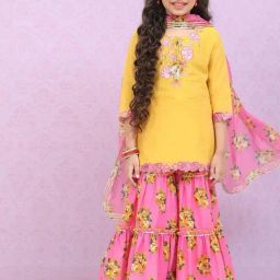 Biba Kids Yellow & Violet Embroidered Kurta Set-image-10