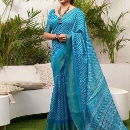 Satrani Blue Geometric Print Saree With Unstitched Blouse-image-3