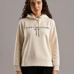 Tommy Hilfiger Beige Logo Regular Fit Cotton Hooded Neck Sweatshirt-picture-5