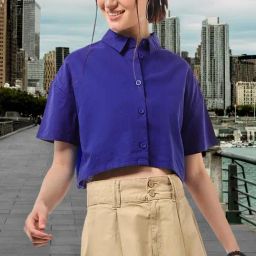 Bewakoof Blue Plain Cotton Crop Shirt-picture-4