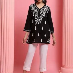House of Chikankari Black Cotton Embroidered Straight Kurti-image-71
