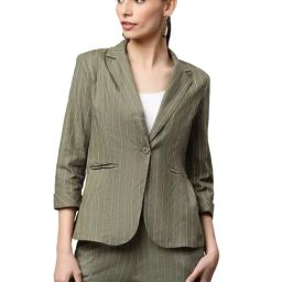 Global Republic Olive Cotton Striped Coat-image-96