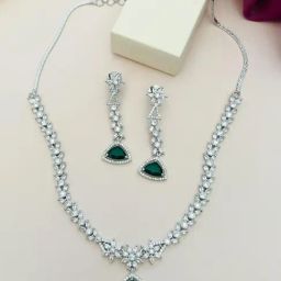 Abdesigns Silver Cubic Zirconia American Diamond Necklace & Earring Set-23