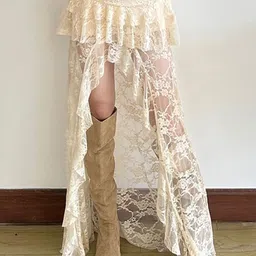 LULU & SKY Floral Self Design Ruffled High-Low Sheer Lace Skirt-image-25
