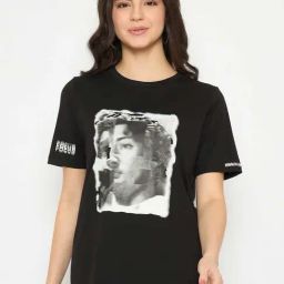 Madame Black Cotton Graphic Print Short Sleeves Top-image-82