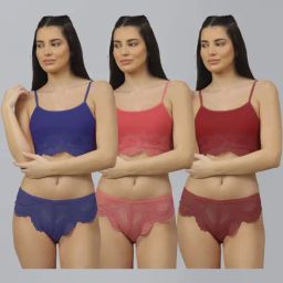 AROUSY Blue & Peach Self Pattern Bra Panty Set - Pack Of 3-image-79
