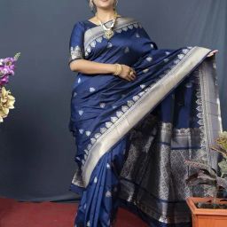 SHUBHKALA Blue & Golden Silk Woven Saree With Unstitched Blouse-image-73