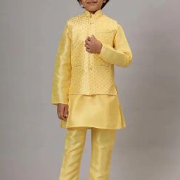 TAHVO Boys Yellow Embroidery Full Sleeves Kurta Pyjama Sets-picture-45