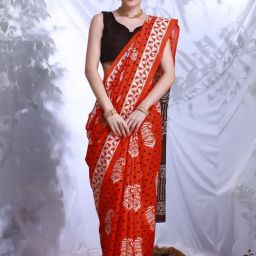 Saree Mall Orange & Brown Polka Dots Saree With Unstitched Blouse-image-39