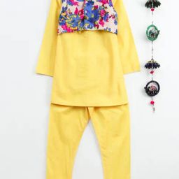 TWISHA Kids Yellow & Off White Floral Print Full Sleeves Kurta , Pyjamas with Jacket-image-84