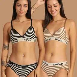Friskers Black & Brown Striped Non-Wired Bra & Panty Set - Pack of 2-picture-22