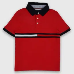 TOMMY HILFIGER Boys Red Cotton Logo Polo T-Shirt-image-38