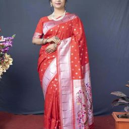 SHUBHKALA Red & Silver Silk Woven Saree With Unstitched Blouse-image-58