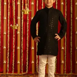 VASTRAMAY Boys Black & White Embroidery Full Sleeves Kurta Sets-image-35