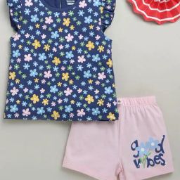Bumzee Girls Navy Cotton Floral Tshirt and Shorts-image-76