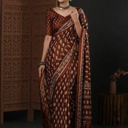 Saree Mall Brown Silk Printed Saree With Unstitched Blouse-picture-1