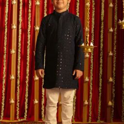 VASTRAMAY Boys Navy & White Embroidery Full Sleeves Kurta Sets-image-93