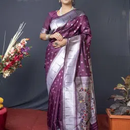 SHUBHKALA Purple & Silver Silk Woven Saree With Unstitched Blouse-picture-2