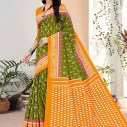 Satrani Olive Green & Turmeric Yellow Pure Cotton Printed Saree With Unstitched Blouse-picture-1