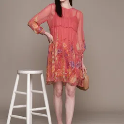 Label Ritu Kumar Floral Print Chiffon A-Line Dress & Camisole-image-78